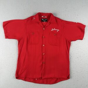 Vtg 50s King Louie‎ Bowling Shirt Men's Medium Red Loop Collar Chain Stitch